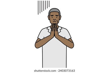 African senior man apologizing with his hands in front of his body, Vector Illustration