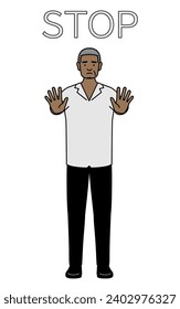 African senior man with his hands out in front of his body, signaling a stop, Vector Illustration