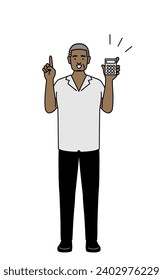 African senior man holding a calculator and pointing, Vector Illustration