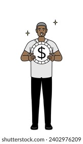 African senior man with images of foreign exchange gains and dollar appreciation, Vector Illustration