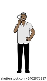 African senior man looking through magnifying glasses, Vector Illustration