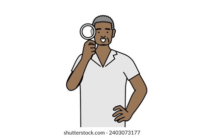 African senior man looking through magnifying glasses, Vector Illustration
