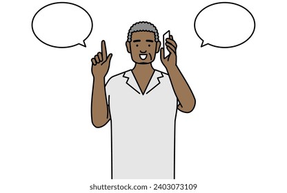 Afrikanischer Senior-Mann, der am Telefon zeigt, Vektorgrafik