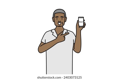 African senior man recommending cashless online payments on a smartphone, Vector Illustration