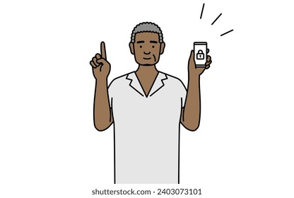 African senior man taking security measures for his phone, Vector Illustration
