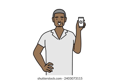 African senior man using a smartphone at work, Vector Illustration