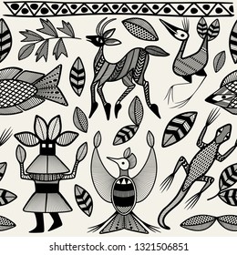 African Senufo Korhogo Tribal Ethnic Art Seamless Pattern
