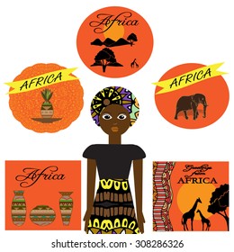 African set with woman, dishes, animals and tree. 