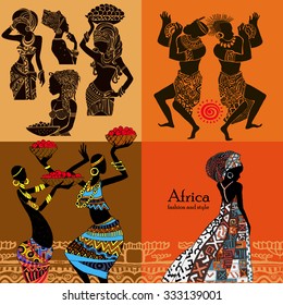 African set.Dark-Skinned women. Dancing. Africans with food.