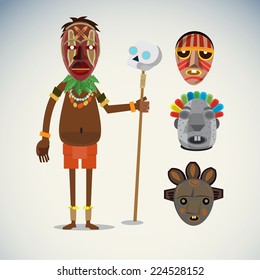 african shaman character with masks set - vector illustration