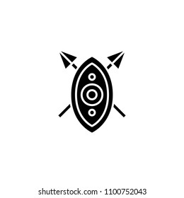 African shield spears black icon concept. African shield spears flat vector symbol, sign, illustration.