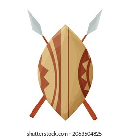 African Shield Wooden Traditional Board With Tribal Ornament And Spears In Cartoon Style Isolated On White Background. South Warrior Weapon. Decorated With Sticks.