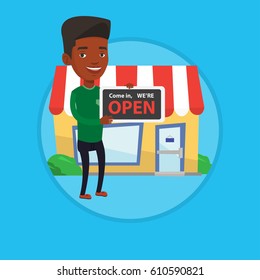 African shop owner holding open signboard. Cheerful shop owner standing in front of small store. Man inviting to come in her shop. Vector flat design illustration in the circle isolated on background.