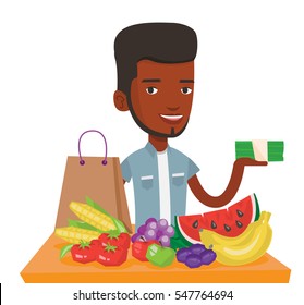 African shopper standing at the table with grocery purchases. Shopper holding money in hand in front of table with grocery purchases. Vector flat design illustration isolated on white background.