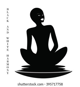 African silhouette in the lotus position isolated illustration of black and white inscription harmony vector white background