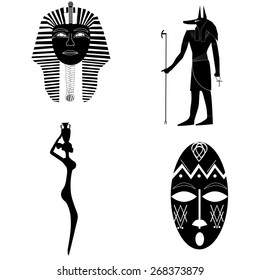 African silhouettes, the mask of pharaoh, Anubis, a woman with a jug, a mask tribe