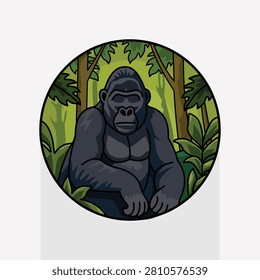 African Silverback Gorilla Sitting in Dense Green Rainforest Jungle Surrounded by Tropical Foliage and Leaves, Circular Badge Icon Illustration of Endangered Primate Wildlife, Great for Conservation, Ecotourism and Nature Documentary Design Use