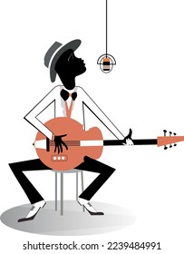 Afrikanische Gitarrenspieler-Illustration. 
Afrikanischer Musiker, der Gitarre spielt und singt. Einzeln auf weißem Hintergrund
