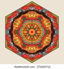 African six sides ornament. Isolated design element with tribal and wild animals skin patterns in vivid colors. Kaleidoscope mandala. Symmetric colorful ethnic geometric ornament. Vector file is EPS8.