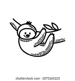 African sloth in safari park in outline and doodle style isolated on white background.
