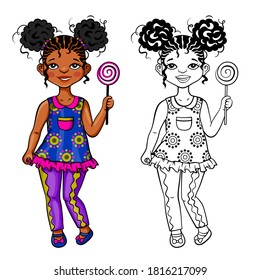 African small girl with hair style in two puffs, 5-10 years old. Additional illustration in black and white for colored page background