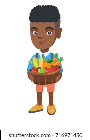 African smiling boy with the basket of fruit and vegetables. Full length of little boy holding the basket with fruit and vegetables. Vector sketch cartoon illustration isolated on white background.