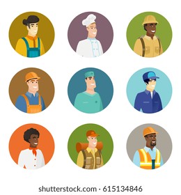 African smiling constructor in hard hat. Portrait of smiling constructor. Set of character avatars of different professions. Vector flat design illustrations in the circle isolated on white background