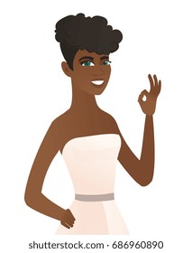 African smiling fiancee in white dress showing an ok sign. Young happy fiancee making an ok sign. Successful fiancee gesturing ok sign. Vector flat design illustration isolated on white background.