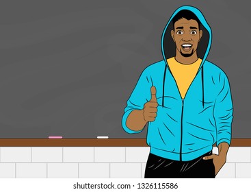 African Smiling guy in hoodie on the background of a school board. He showing thumbs up.  Advertising poster. Vector illustration