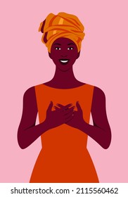 African smiling woman with hands on her chest. Grateful gesture. Kindness and acceptance. Vector flat illustration