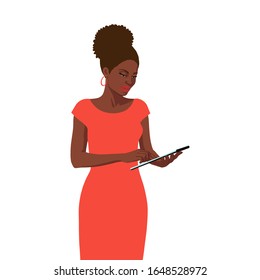 African Smiling Woman With The Tablet. Realistic Portrait Of Modern And Free Lady Boss In Red Dress. Flat Business Illustration On White Background.