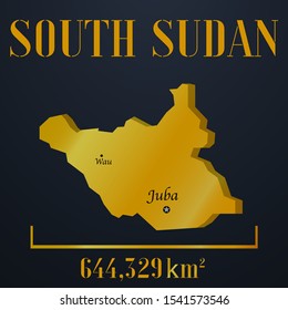 African South Sudan golden 3d solid country outline silhouette, realistic piece of world map template, for infographic, vector illustration, isolated object, background. From countries set