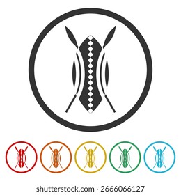  Afrikanischer Speer und Schild flaches Symbol. Symbole in Farbkreis-Schaltflächen festlegen