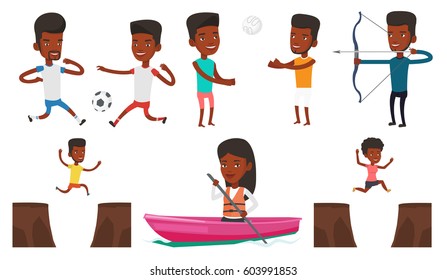 African sportsman jumping across the gap from one rock to another. Sportsman jumping over rocks with gap. Young sportsman running. Set of vector flat design illustrations isolated on white background.
