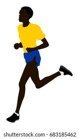 African sportsman marathon racer running vector illustration. Healthy lifestyle sports man. Traditional sport race. Urban runners on the street. 