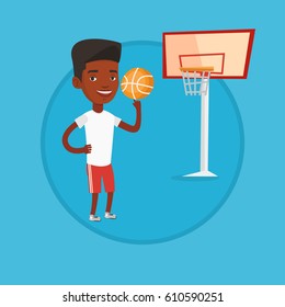 African sportsman spinning basketball ball on finger. Young basketball player standing on the court. Basketball player in action. Vector flat design illustration in the circle isolated on background.