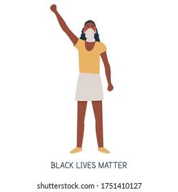 African sporty protester, hand fist raised up into air. Black woman tomboy non-binary protesting, fighting for human rights rebel manifestation. Black lives matter caption. Flat vector illustration.