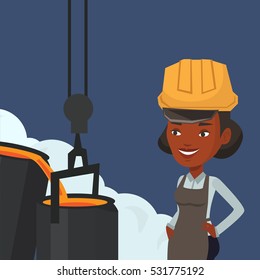 African steelworker in a hardhat at work in the foundry. Steelworker controlling iron smelting in the foundry. Industrial worker in steel making plant. Vector flat design illustration. Square layout.