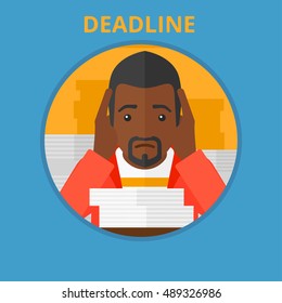 An african stressed businessman sitting at the table with stacks of papers and having problem with deadline. Deadline concept. Vector flat design illustration in the circle isolated on background.