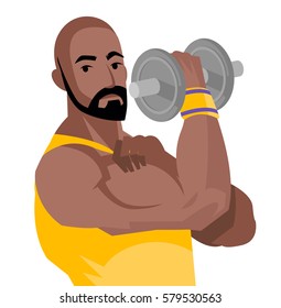 african strong man biceps gym holding a dumbbell