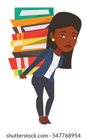 African student carrying heavy pile of books on his back. Upset student walking with huge stack of books. Student holding pile of books. Vector flat design illustration isolated on white background.