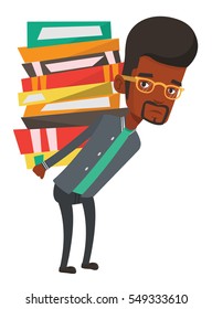 African student carrying heavy pile of books on his back. Upset student walking with huge stack of books. Student holding pile of books. Vector flat design illustration isolated on white background.
