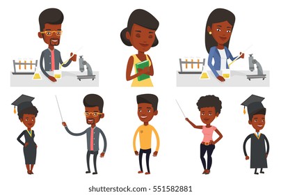 Estudante africano realizando experiência laboratorial. Estudante trabalhando em aula de laboratório. Estudante experimentando em laboratório. Conjunto de ilustrações de design plano vetorial isoladas sobre fundo branco.