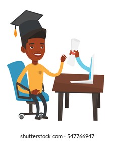 African student in graduation cap working on computer. Graduate getting diploma from the computer. Online education and graduation concept. Vector flat design illustration isolated on white background