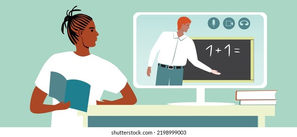 Estudiante africano en biblioteca moderna, ilustración de escritorio plana con conferencia en línea sobre monitor de computadora