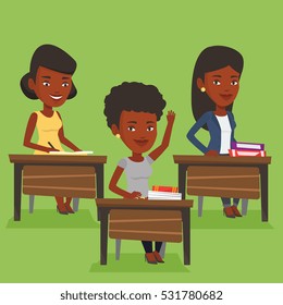 An african student raising hand in the classroom for an answer. Student sitting at the desk with raised hand. Clever student raising her hand at lesson. Vector flat design illustration. Square layout.