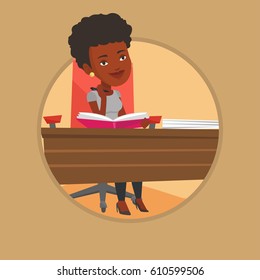African student sitting at the table and thinking. Thinking student writing in exercise book. Thinking student doing homework. Vector flat design illustration in the circle isolated on background.