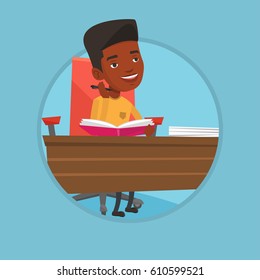 African student sitting at the table and thinking. Thinking student writing in exercise book. Thinking student doing homework. Vector flat design illustration in the circle isolated on background.