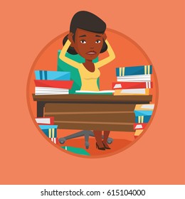 African student studying hard before exam. Stressed student studying with textbooks. Desperate student studying in the library. Vector flat design illustration in the circle isolated on background.