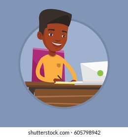 African student working on a laptop and writing notes. Student using laptop for education. Concept of educational technology. Vector flat design illustration in the circle isolated on background.
